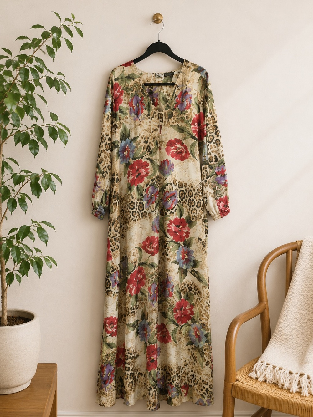 Vintage Floral Animal Print Kaftan MuuMuu House Dress Sz L Full Length‎ Maxi